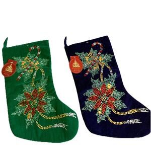 Vintage NEW Christmas Stocking Pair Blue Green Velvet Enchanted Forest Embellish